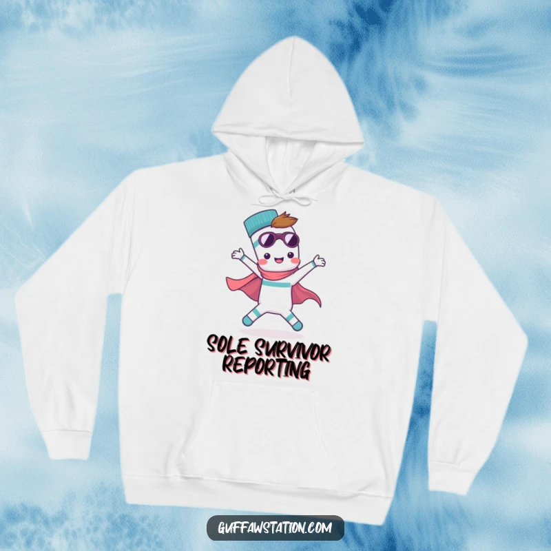 Funny hoodie displaying a single, adventurous sock in a dynamic superhero pose, symbolizing independence and a search for its partner. Cozy and comical.