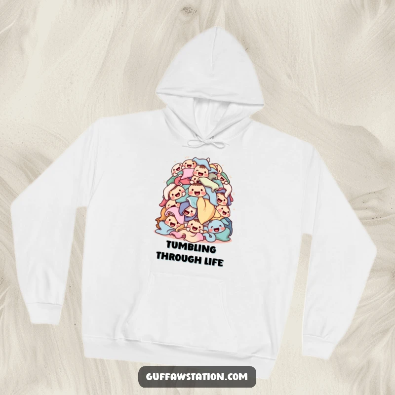 Funny laundry hoodie featuring a tumbling pile of happy-faced clothes, offering warmth and a cheerful reminder of laundry day joy.