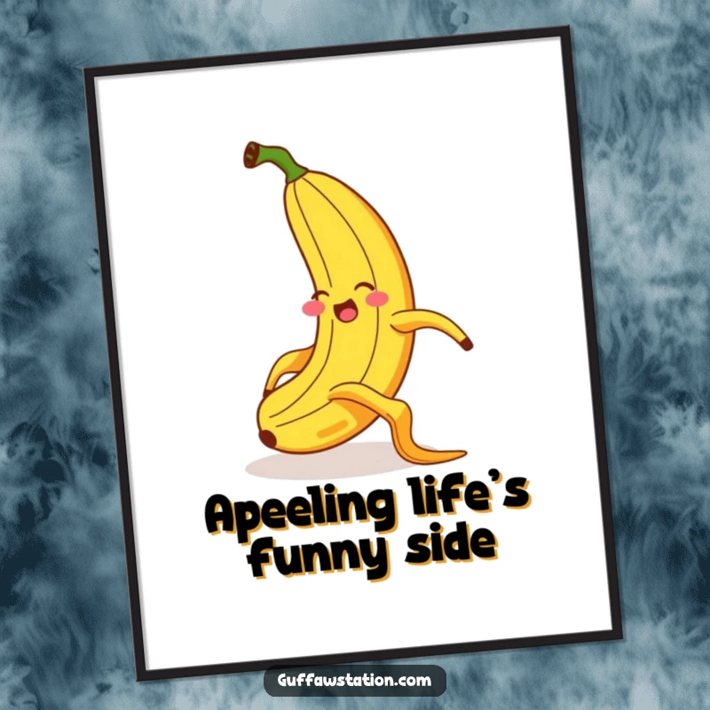 Funny Free Printable Wall Art: A giggling banana comically slips on a banana peel, adding a hilarious, exaggerated flair to the scene.