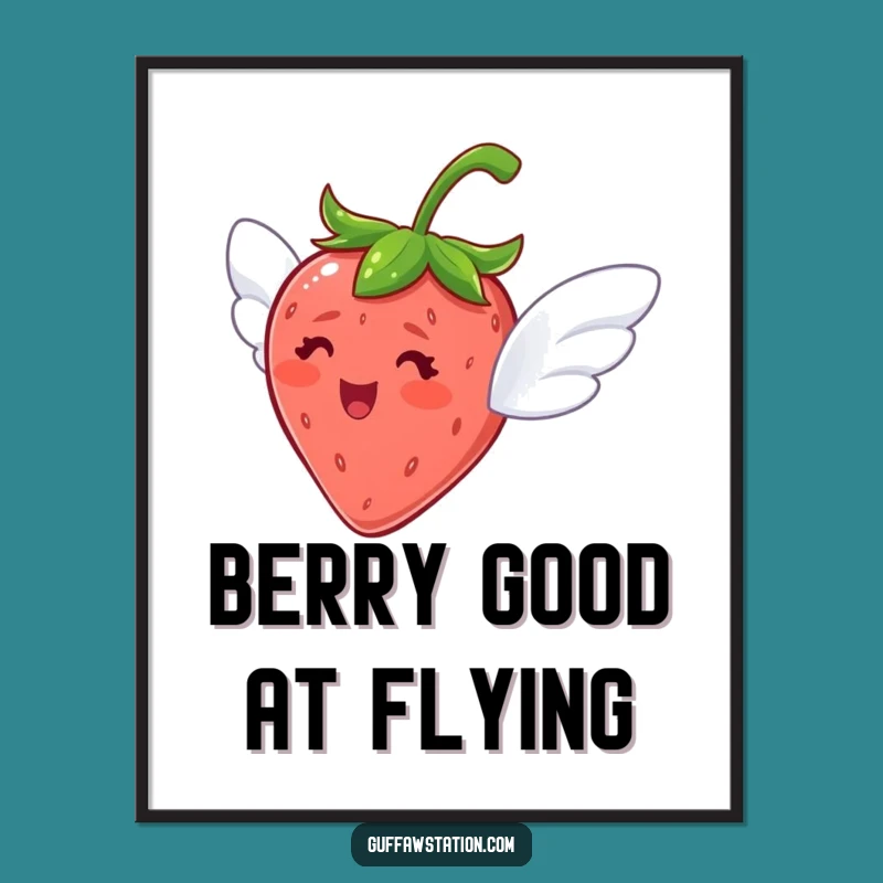 Funny Free Printable Wall Art: Delighted Flying Strawberry, Whimsical Decor