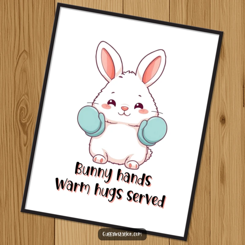 Funny Free Printable Wall Art: A fluffy bunny wearing oversized oven mitts as mittens, creating a sweet and humorous visual.