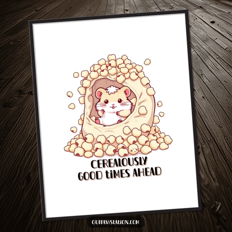 Funny free printable wall art: A happy hamster rolling around energetically in a gigantic bowl overflowing with breakfast cereal.