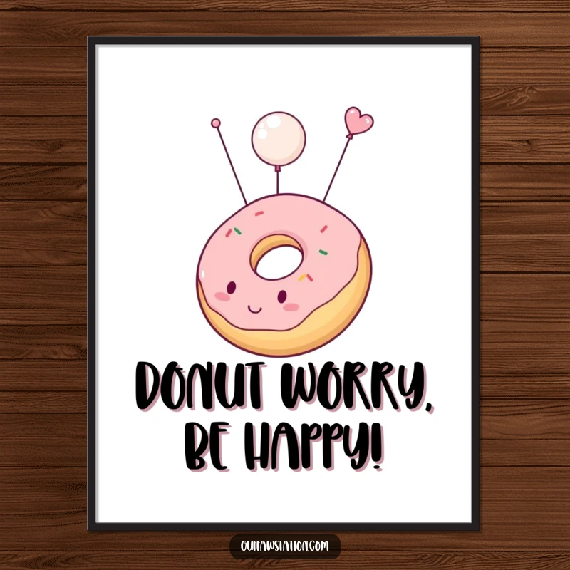 Funny Free Printable wall art of a chubby donut accidentally inflating and floating gently up into a blue sky. Cheerful decor.