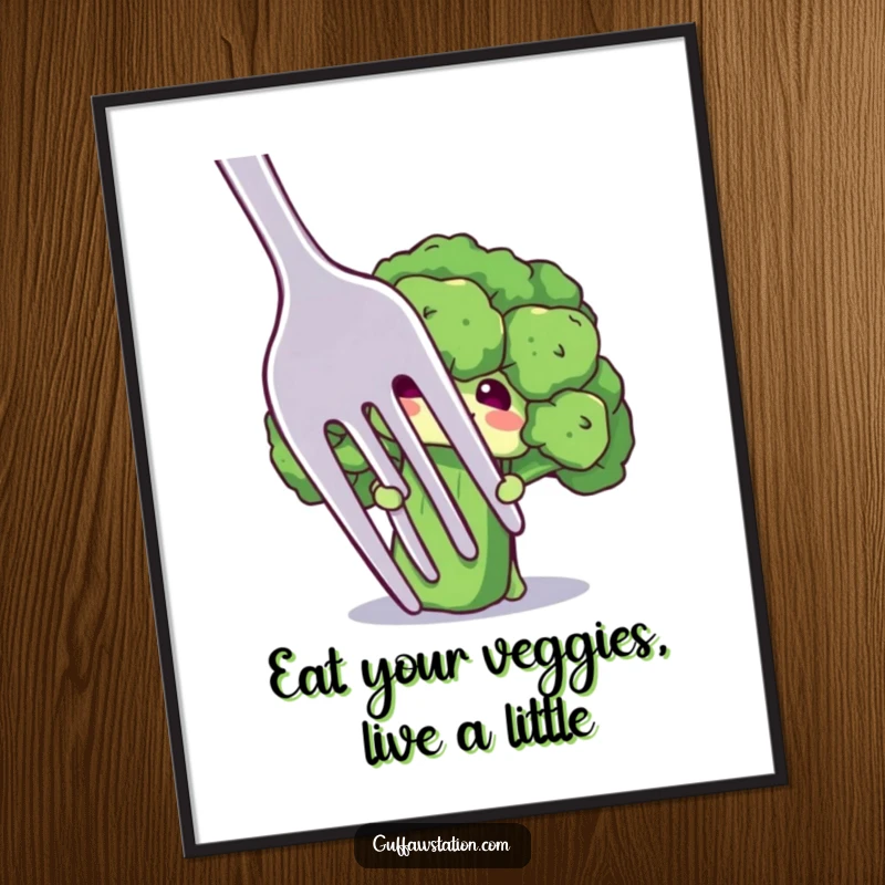Funny Free Printable Wall Art: A shy broccoli floret character peeks hesitantly from behind an oversized fork, adding whimsical charm to any room.