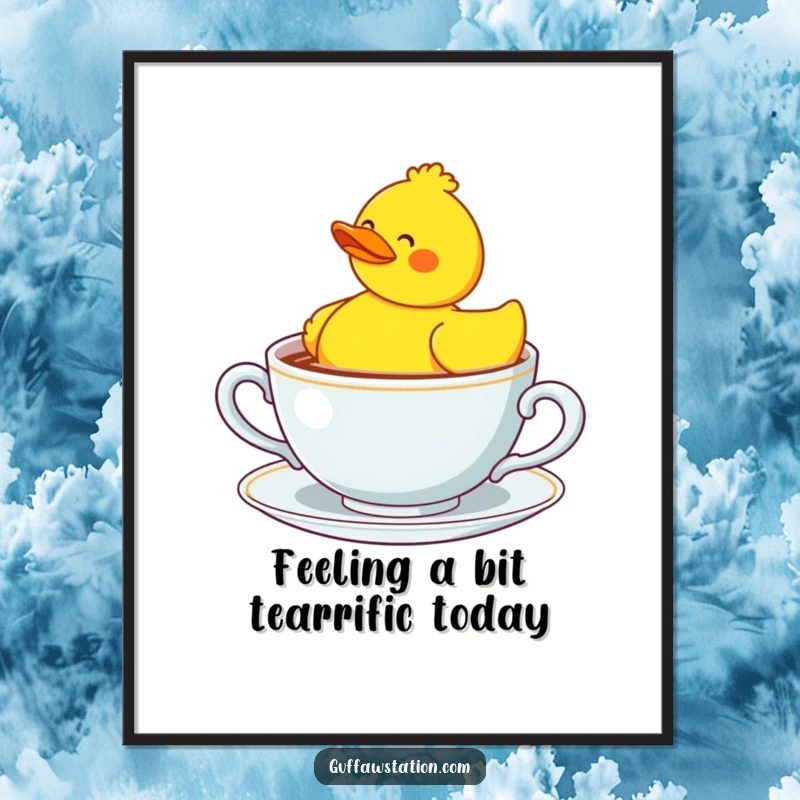 Funny Free Printable Wall Art: A confused rubber duck bobbing in a giant teacup, bringing joy and humor.