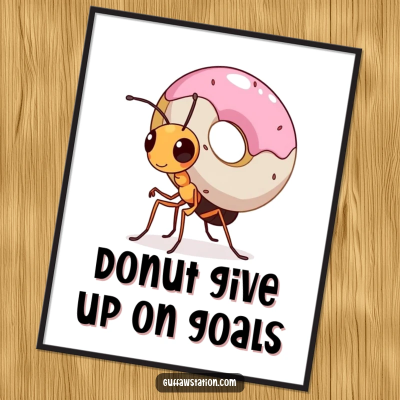 Funny Free Printable Wall Art: A tiny ant with immense determination carries a donut many times its size, a humorous symbol of strength.