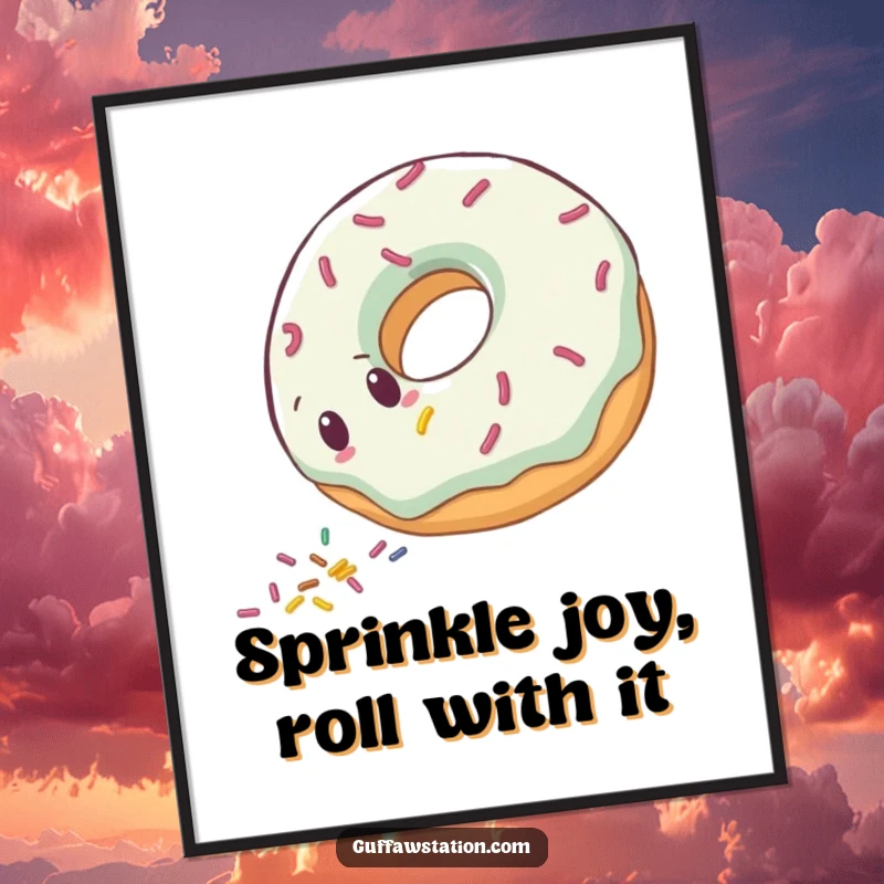 Funny Free Printable Wall Art: Clumsy donut character rolling downhill, shedding sprinkles, a fun, sweet decor piece.