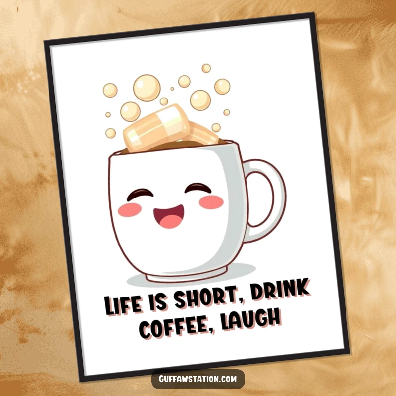 Funny Free Printable Wall Art of a happy coffee mug overflowing with steaming, bubbly laughter, bringing cheer.