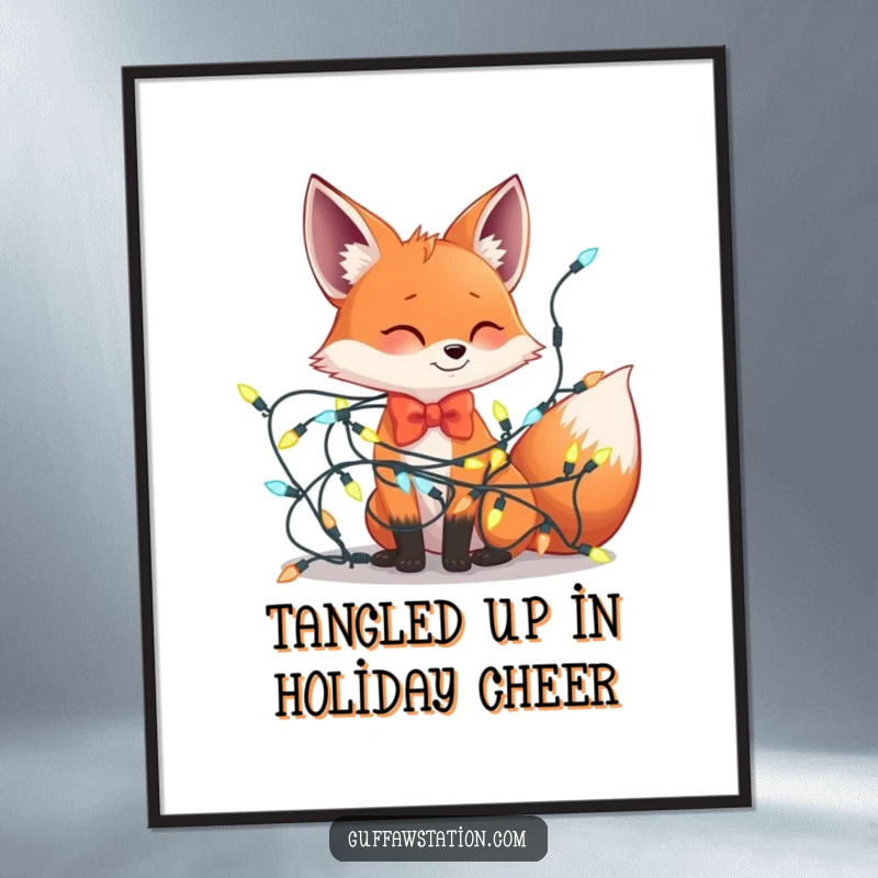Funny Free Printable Wall Art: A bowtie-wearing fox is comically tangled in a giant string of festive lights.