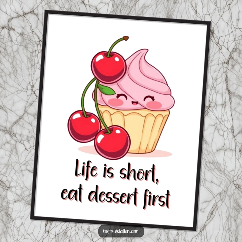Funny Free Printable wall art showing a shy, blushing cupcake peeking from behind a giant, vibrant red cherry. Cute and humorous.