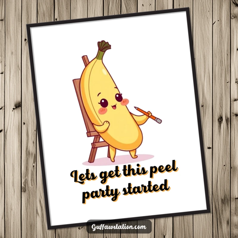 Funny Free Printable Wall Art: A blushing banana humorously tries to paint a self-portrait with its own peel. Quirky art.