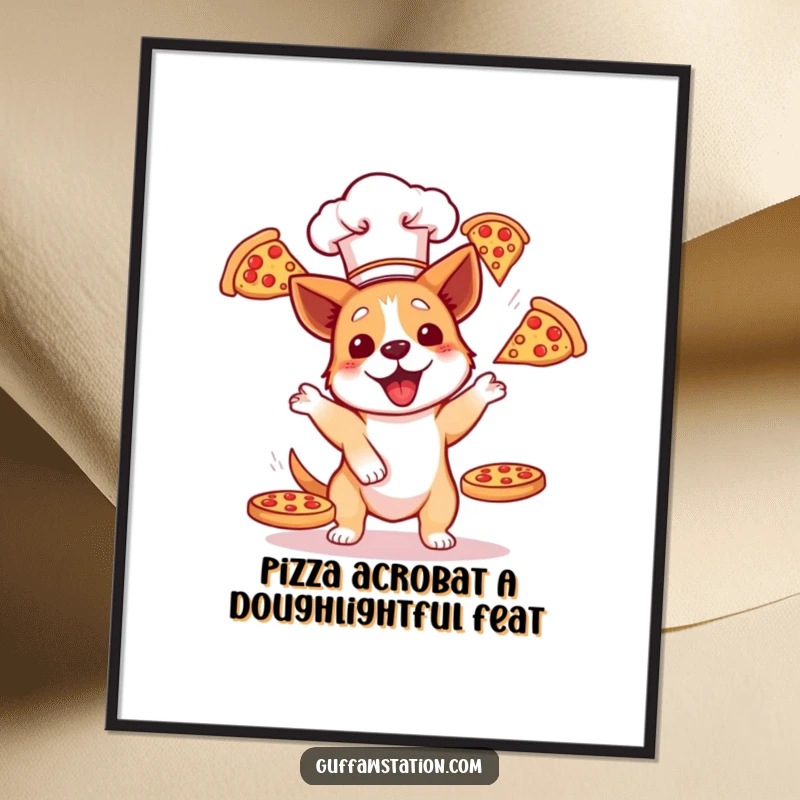 Funny free printable wall art: A dog in a chef hat humorously juggles three flying pizzas, a perfectly chaotic kitchen scene.