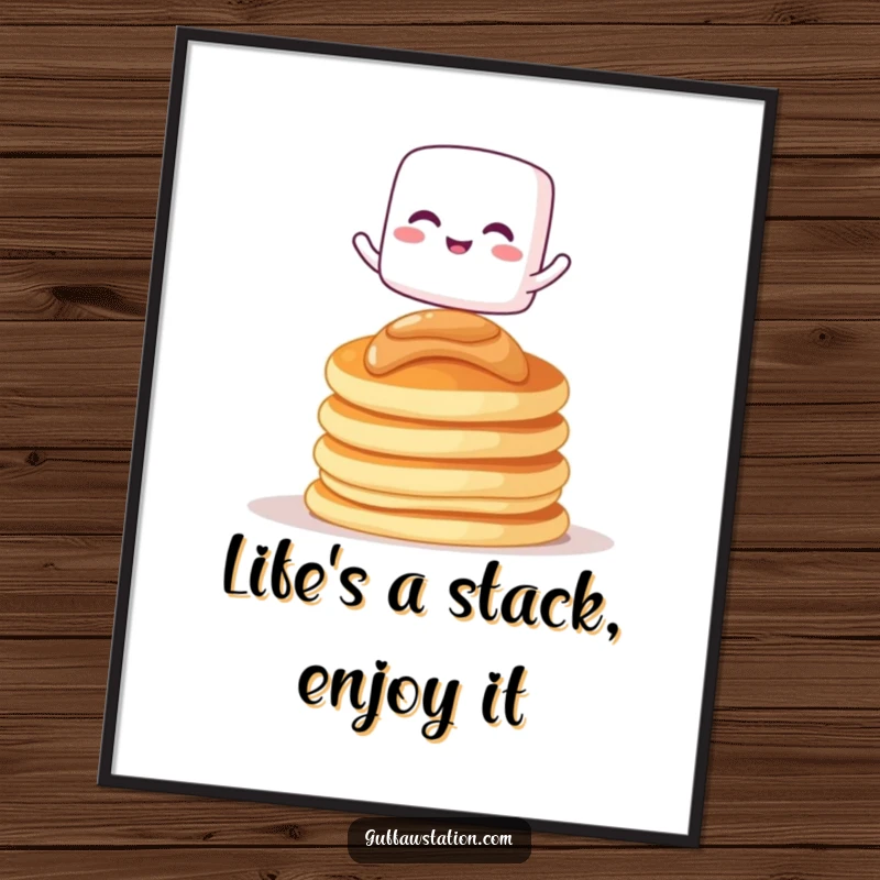 Funny Free Printable Wall Art: A giggling marshmallow attempts to balance on a tall stack of fluffy pancakes.