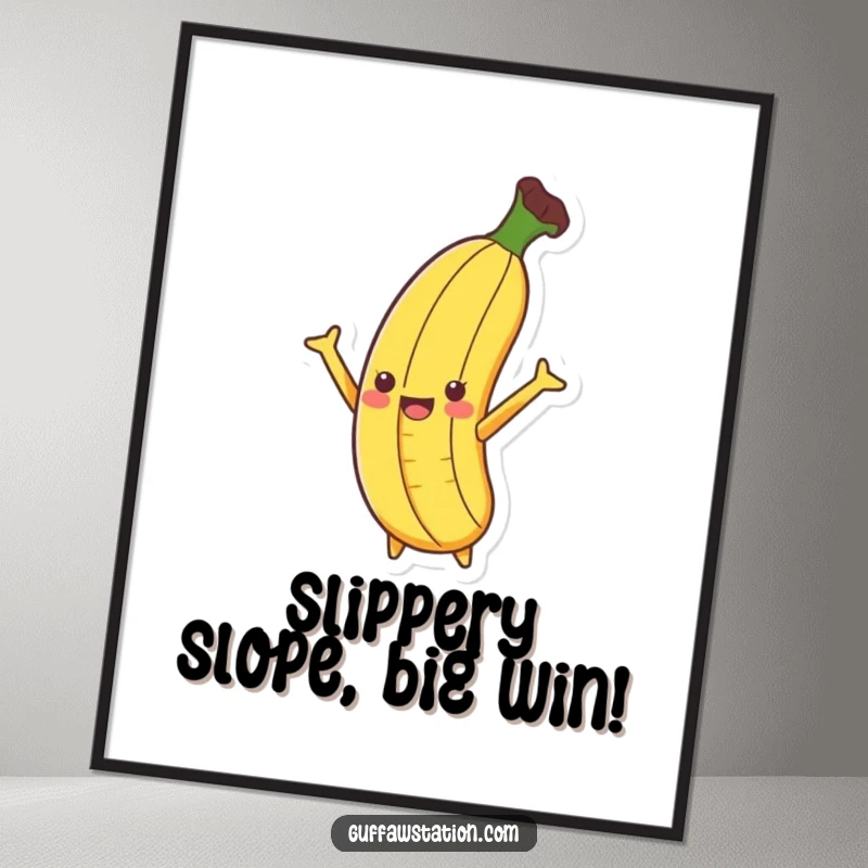 Funny Free Printable Wall Art: A banana slipping dramatically on a peel, arms flailing in a classic comical pose.