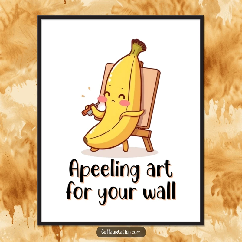 Funny Free Printable Wall Art: A blushing banana paints its self-portrait with its peel, humorous art.
