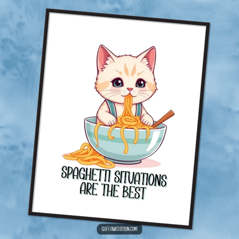 Funny Free Printable wall art: A cat wearing tiny black suspenders, accidentally knocking over a giant bowl of spaghetti.
