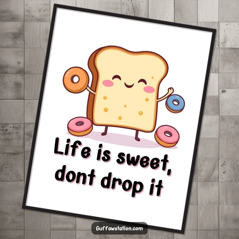 Funny Free Printable Wall Art: A cheerful slice of toast happily juggles tiny donuts, bringing smiles.