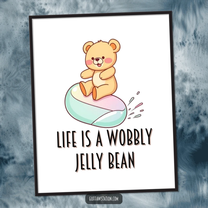 Funny Free Printable Wall Art: Giggling teddy bear surfs a giant wobbly jelly bean, whimsical decor.