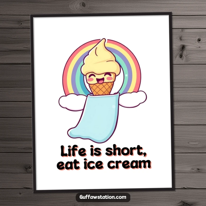 Funny Free Printable Wall Art: A giggling ice cream cone slides down a rainbow, whimsical and colorful decor.