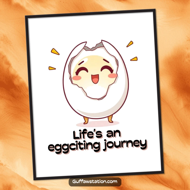 Funny Free Printable Wall Art: Startled egg character humorously cracking in half, its face a picture of shock and joy.