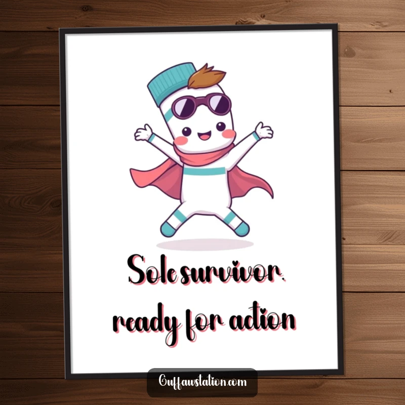 Funny Free Printable Wall Art: A single, lonely sock striking a superhero pose, ready for adventure and bringing laughter to your walls.