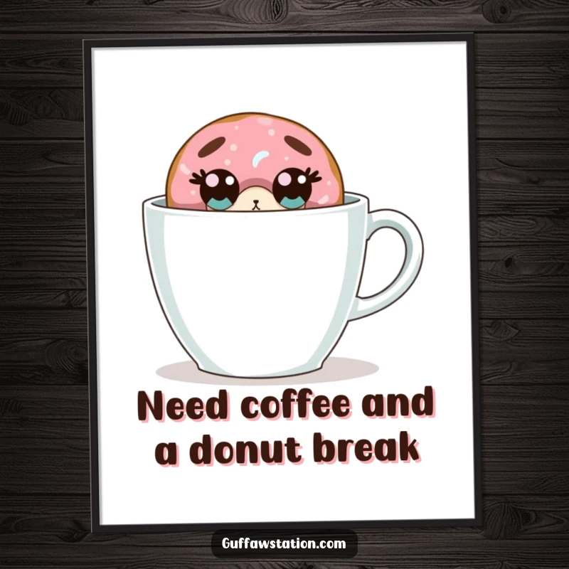 Funny Free Printable Wall Art: Wide-eyed surprised donut peeking from behind a giant coffee cup, perfect for a kitchen or cafe space.