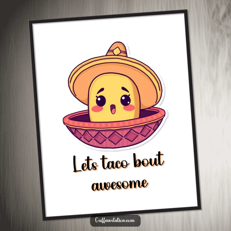 Funny Free Printable Wall Art: A surprised taco head peeks from a giant sombrero, adding fiesta fun.