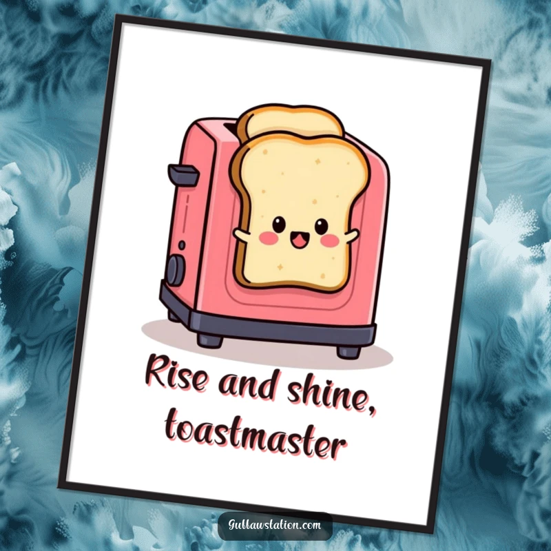 Funny Free Printable Wall Art: A cartoon slice of toast making a daring escape from a toaster onto a kitchen counter.