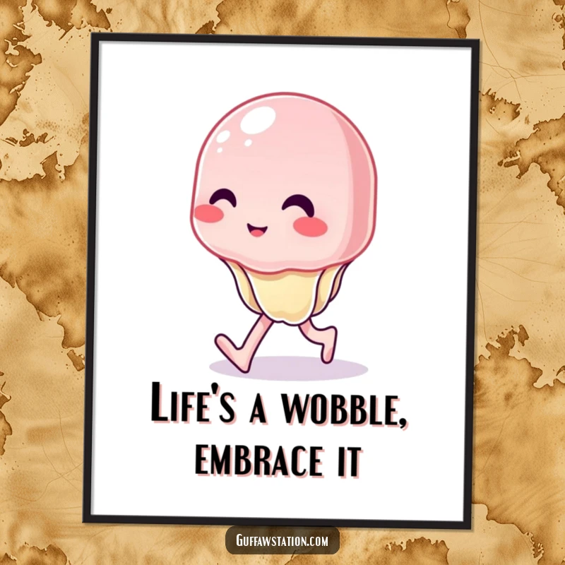 Funny Free Printable Wall Art: A wobbly jelly attempts to walk, a comical and endearing scene for your decor.