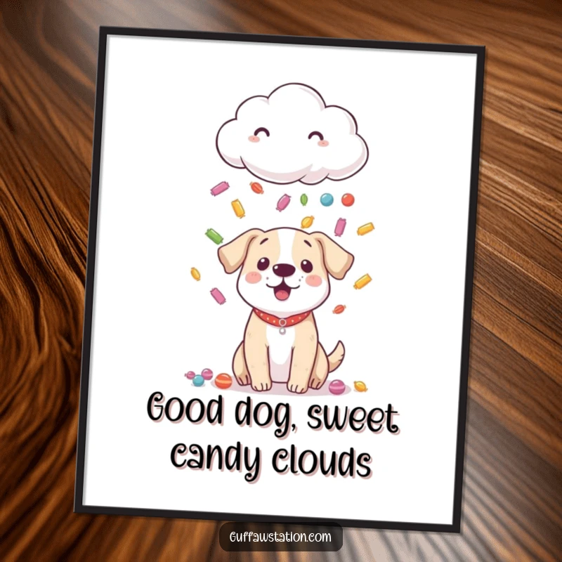 Funny Free Printable Wall Art: Shy cloud raining colorful candy onto a surprised dog, adding whimsical decor.