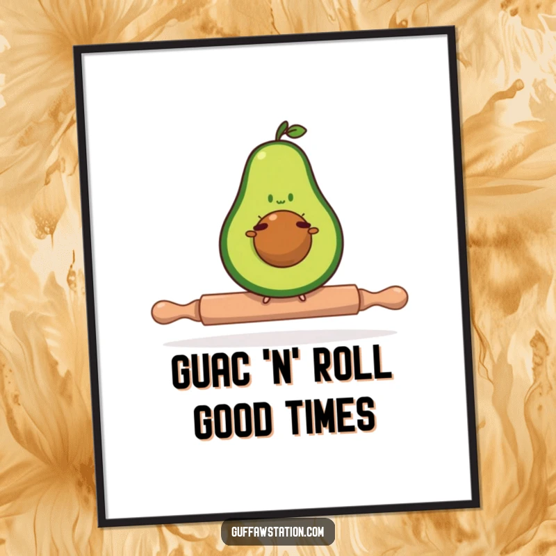 Funny Free Printable Wall Art: A determined avocado balances on a tiny rolling pin, comical and artistic.