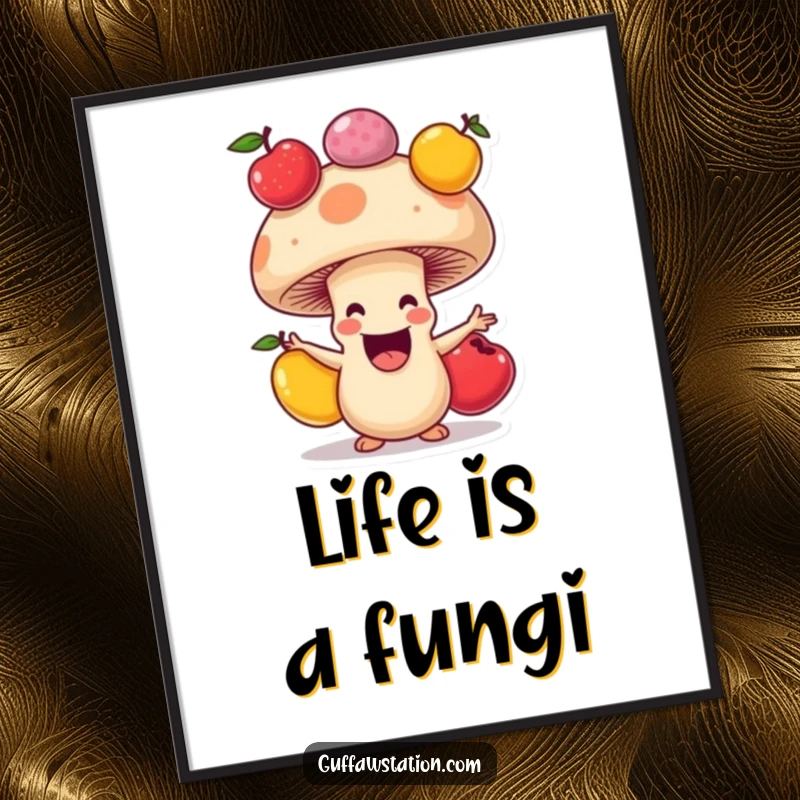 Funny Free Printable Wall Art: A happy mushroom with a wide grin juggling three colorful fruits.