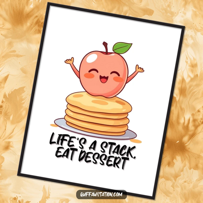 Funny Free Printable Wall Art: A blushing apple heroically balancing on a towering stack of pancakes, bringing cheerful breakfast energy.