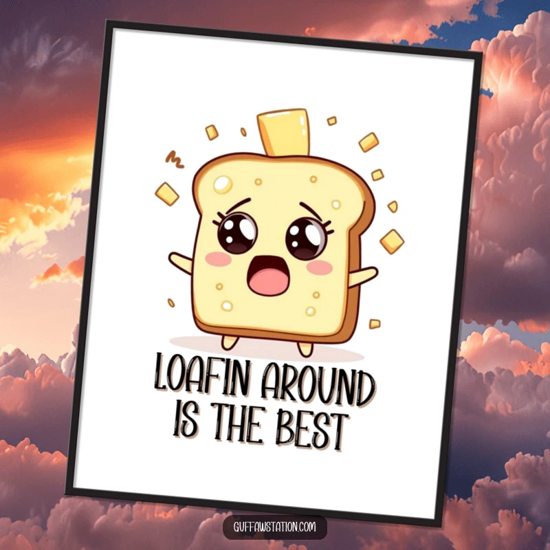 Funny Free Printable Wall Art: Surprised toast character with butter flying everywhere, a comical kitchen accent.