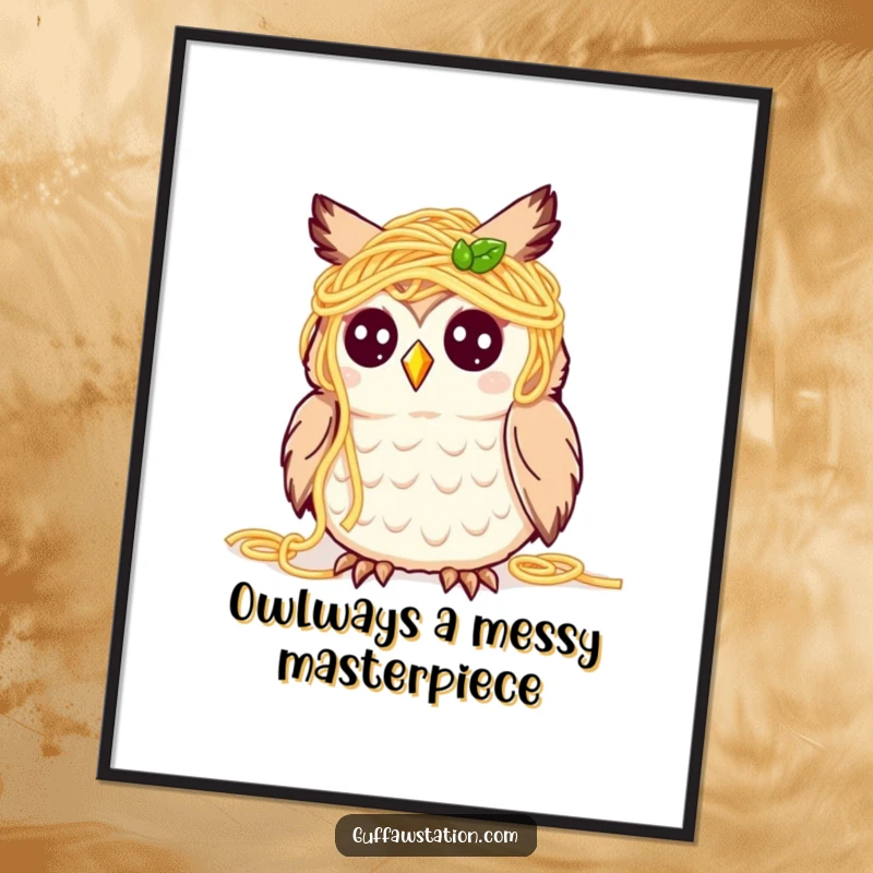 Funny Free Printable Wall Art: A cute owl, joyfully covered in spaghetti, creates a bewildered yet happy and humorous scene.