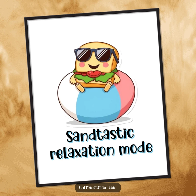 Funny Free Printable Wall Art: A smiling sandwich wearing sunglasses, chilling on a giant beach ball.