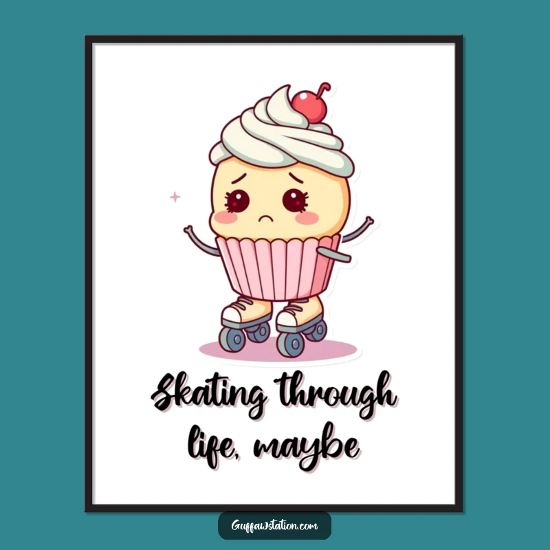 Funny Free Printable Wall Art: Bewildered Cupcake on Skates, Whimsical Decor