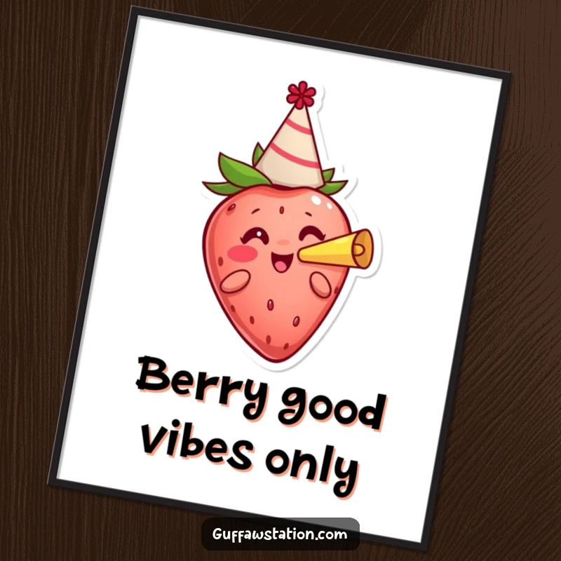 Funny Free Printable Wall Art: A vibrant, cheerful strawberry character wearing a tiny party hat and enthusiastically blowing a party horn.