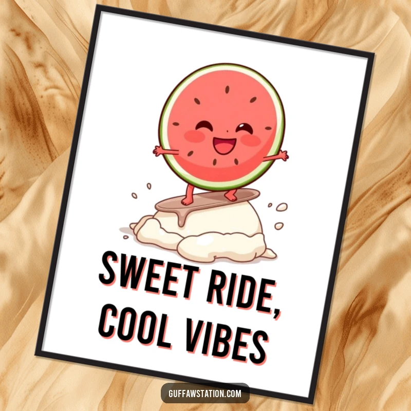 Funny Free Printable Wall Art: Giggling watermelon slice character cheerfully surfing a melting ice cream scoop.