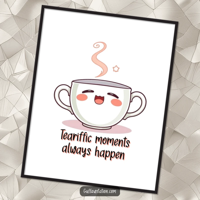 Funny Free Printable wall art showing a sleepy teacup in soft focus, yawning with steam rising to form a perfectly happy smiley face.