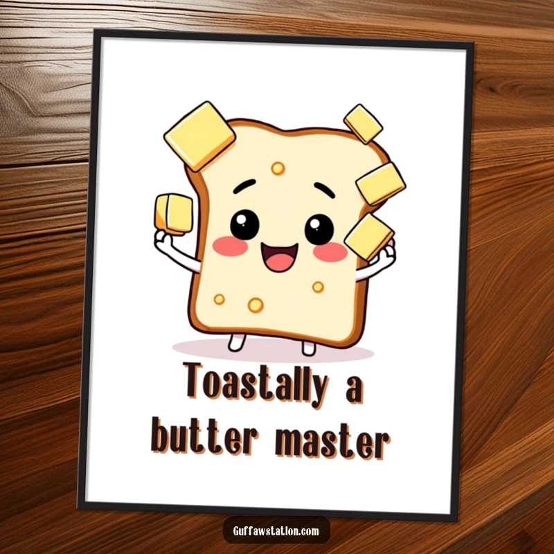Funny Free Printable Wall Art: A happy slice of toast intensely focused on juggling multiple pats of butter.