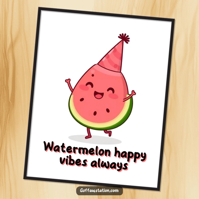 Funny Free Printable Wall Art: A happy slice of watermelon in a party hat dances energetically, cheerful decor.