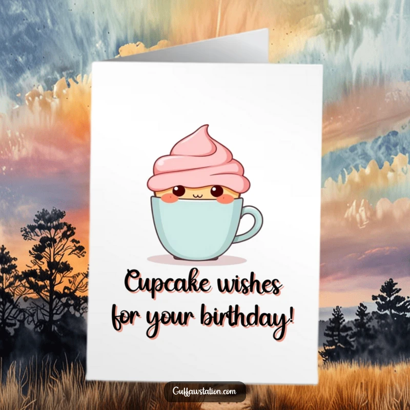 Funny Free Printable Birthday Card: A shy, blushing cupcake character attempting to hide behind a very small coffee cup.