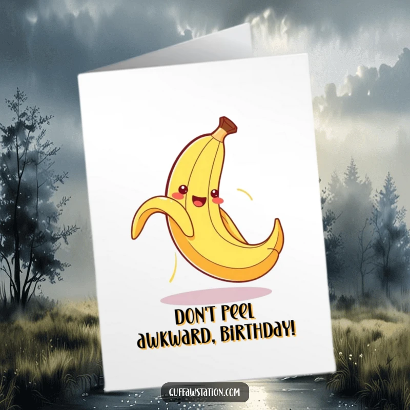 Funny Free Printable Birthday Card: A banana peel comically slipping on itself, flailing wildly for laughs.