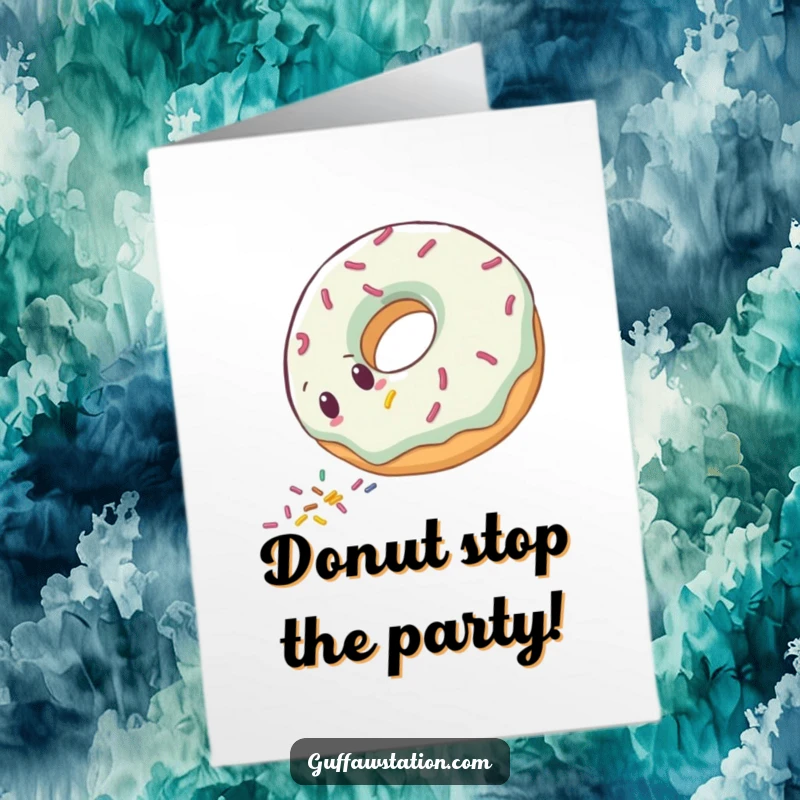 Funny Free Printable Birthday Card: Clumsy donut character rolling downhill, leaving a trail of sprinkles, birthday fun.