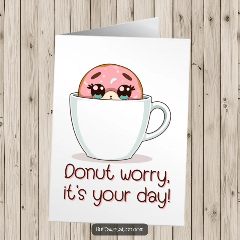 Funny Free Printable Birthday Card: A wide-eyed, surprised donut peeks from behind a giant coffee cup, wishing a 'brew-tiful' birthday.