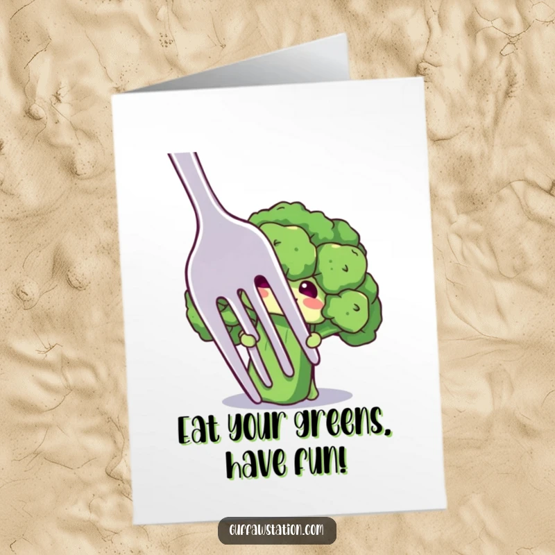 Funny Free Printable Birthday Card: A shy broccoli floret character timidly peeks out from behind a comically large fork, wishing happy birthday.