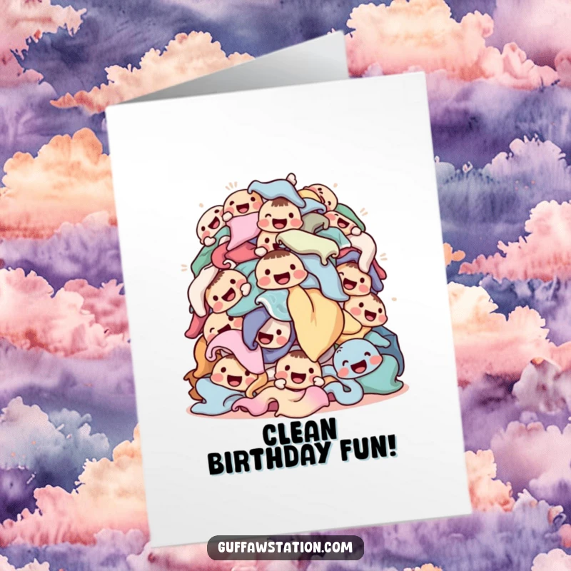 Funny Free Printable Birthday Card: A pile of clothes animated with happy faces, tumbling playfully.