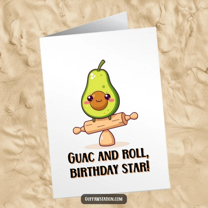 Funny Free Printable Birthday Card: Determined avocado precariously balances on a tiny rolling pin. Humorous effort.