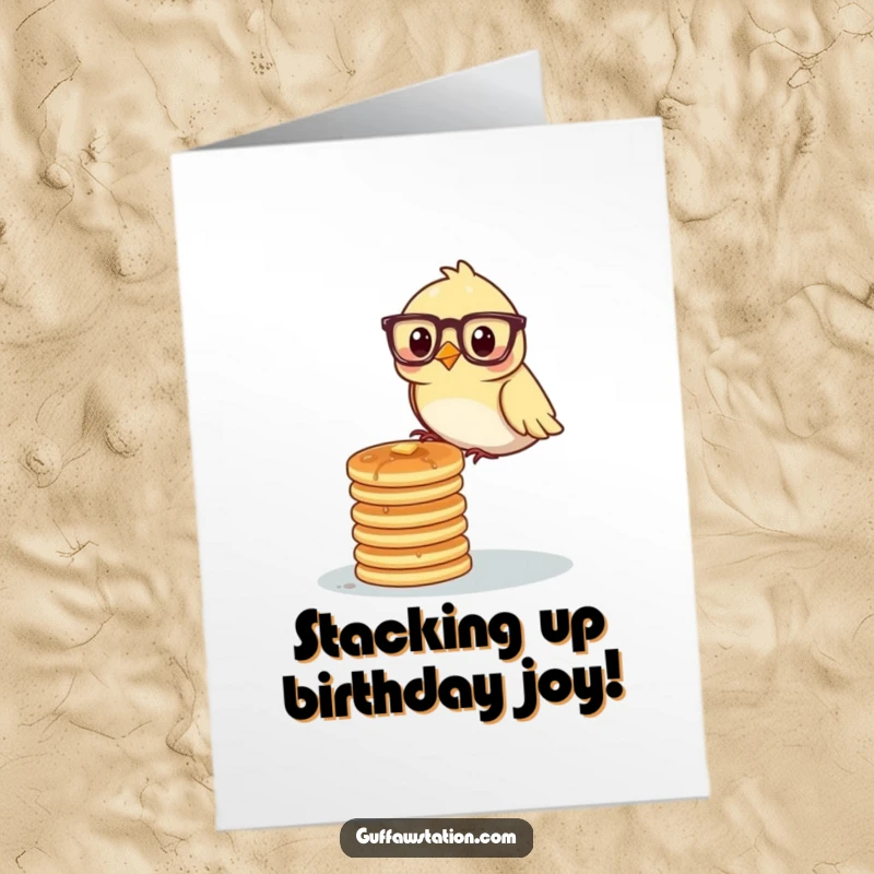 Funny free printable birthday card: A bird wearing glasses carefully tries to balance a very tall, teetering stack of pancakes.